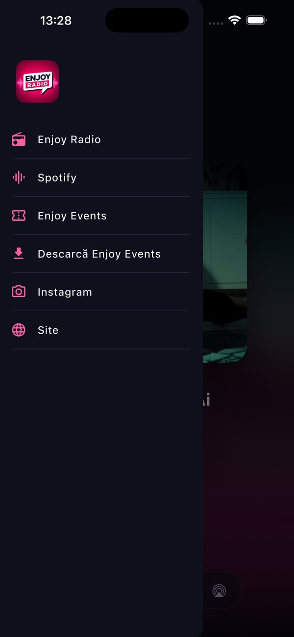 Enjoy Radio menu with links to Spotify, Enjoy Events and Instagram