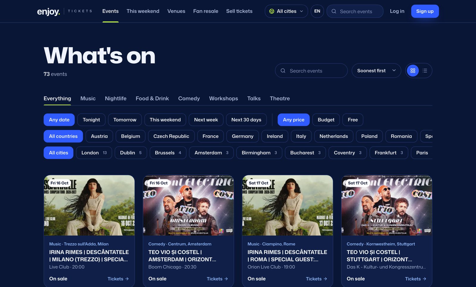 Pagina de evenimente Enjoy Tickets cu filtre după dată, preț, țară și oraș