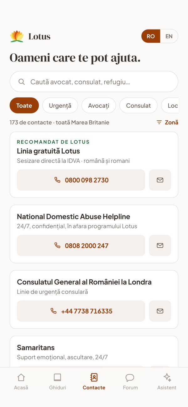 Lotus app screen listing trusted contacts and helplines