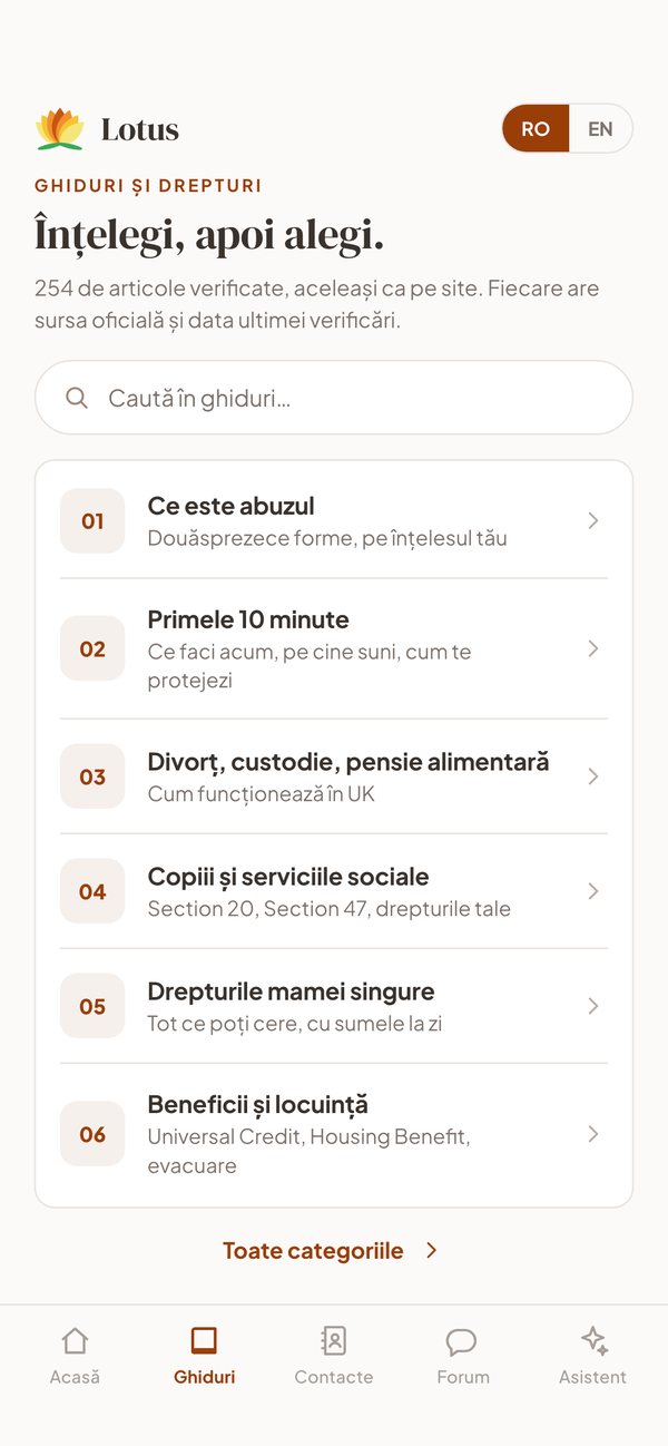 Lotus app screen with guides on rights and practical help