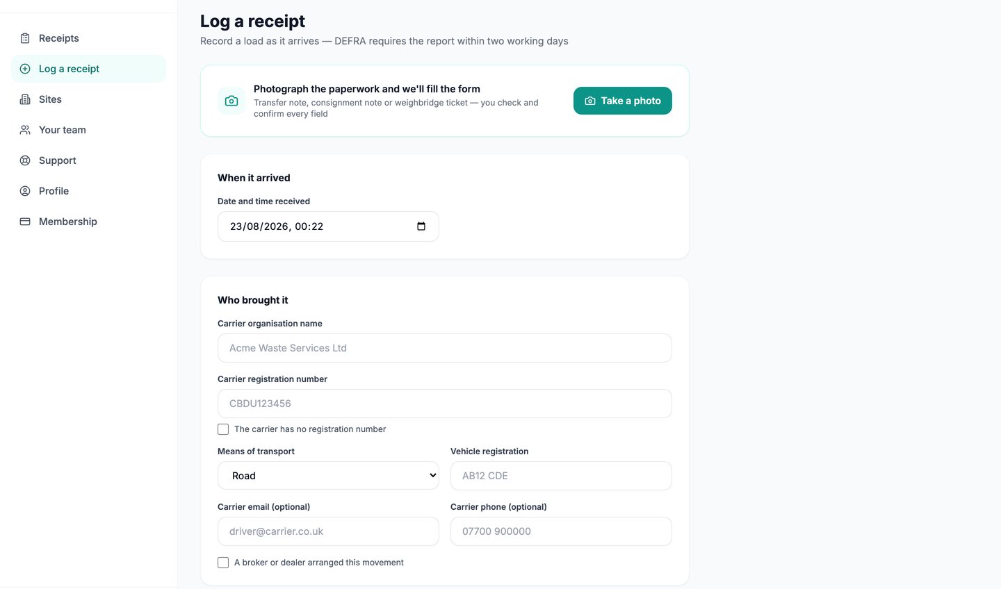 WasteLinks receiving site console: logging a receipt for DEFRA