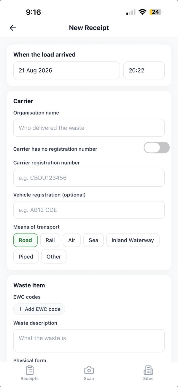 WasteLinks iPhone app: new receipt form