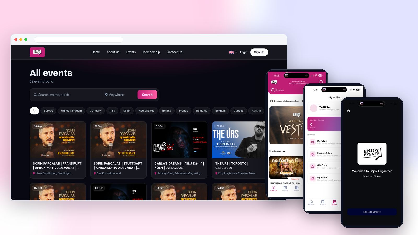 Enjoy Events website, customer app and scanner